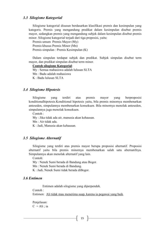 15
3.3 Silogisme Kategorial
Silogisme kategorial disusun berdasarkan klasifikasi premis dan kesimpulan yang
kategoris. Premis yang mengandung predikat dalam kesimpulan disebut premis
mayor, sedangkan premis yang mengandung subjek dalam kesimpulan disebut premis
minor. Silogisme kategorial terjadi dari tiga proposisi, yaitu:
Premis umum Premis Mayor (My)
Premis khusus Premis Minor (Mn)
Premis simpulan : Premis Kesimpulan (K)
Dalam simpulan terdapat subjek dan predikat. Subjek simpulan disebut term
mayor, dan predikat simpulan disebut term minor.
Contoh silogisme Kategorial:
My : Semua mahasiswa adalah lulusan SLTA
Mn : Badu adalah mahasiswa
K : Badu lulusan SLTA
3.4 Silogisme Hipotesis
Silogisme yang terdiri atas premis mayor yang berproposisi
konditionalhipotesis.Konditional hipotesis yaitu, bila premis minornya membenarkan
anteseden, simpulannya membenarkan konsekuen. Bila minornya menolak anteseden,
simpulannya juga menolak konsekuen.
Contoh :
My : Jika tidak ada air, manusia akan kehausan.
Mn : Air tidak ada.
K : Jadi, Manusia akan kehausan.
3.5 Silogisme Alternatif
Silogisme yang terdiri atas premis mayor berupa proposisi alternatif. Proposisi
alternatif yaitu bila premis minornya membenarkan salah satu alternatifnya.
Simpulannya akan menolak alternatif yang lain.
Contoh:
My : Nenek Sumi berada di Bandung atau Bogor.
Mn : Nenek Sumi berada di Bandung.
K : Jadi, Nenek Sumi tidak berada diBogor.
3.6 Entimen
Entimen adalah silogisme yang diperpendek.
Contoh :
Entimen: Ali tidak mau menerima suap, karena ia pegawai yang baik.
Penjelasan:
C = Ali ; ia
 