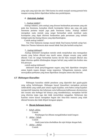 19
yang rajin yang rajin dan ulet. Oleh karena itu untuk menjadi seorang pemain bola
maupun seorang doktor diperlukan latihan atau pembelajaran.
A. Jenis-jenis Analogi:
1. Analogi induktif :
Analogi induktif, yaitu analogi yang disusun berdasarkan persamaan yang ada
pada dua fenomena, kemudian ditarik kesimpulan bahwa apa yang ada pada
fenomena pertama terjadi juga pada fenomena kedua. Analogi induktif
merupakan suatu metode yang sangat bermanfaat untuk membuat suatu
kesimpulan yang dapat diterima berdasarkan pada persamaan yang terbukti
terdapat pada dua barang khusus yang diperbandingkan.
Contoh analogi induktif :
Tim Uber Indonesia mampu masuk babak final karena berlatih setiap hari.
Maka tim Thomas Indonesia akan masuk babak final jika berlatih setiap hari.
2. Analogi deklaratif :
Analogi deklaratif merupakan metode untuk menjelaskan atau menegaskan
sesuatu yang belum dikenal atau masih samar, dengan sesuatu yang sudah
dikenal. Cara ini sangat bermanfaat karena ide-ide baru menjadi dikenal atau
dapat diterima apabila dihubungkan dengan hal-hal yang sudah kita ketahui atau
kita percayai.
contoh analogi deklaratif :
deklaratif untuk penyelenggaraan negara yang baik diperlukan sinergitas
antara kepala negara dengan warga negaranya. Sebagaimana manusia, untuk
mewujudkan perbuatan yang benar diperlukan sinergitas antara akal dan hati.
4.5 Hubungan Kausalitas
Hubungan kausalitas adalah penalaran yang diperoleh dari gejala-gejala
yang saling berhubungan. Hubungan kausal (kausalitas) merupakan perinsip
sebab-akibat yang sudah pasti antara segala kejadian, serta bahwa setiap kejadian
memperoleh kepastian dan keharusan serta kekhususan-kekhususan eksistensinya
dari sesuatu atau berbagai hal lainnya yang mendahuluinya, merupakan hal-hal
yang diterima tanpa ragu dan tidak memerlukan sanggahan. Keharusan dan
keaslian sistem kausal merupakan bagian dari ilmu-ilmu manusia yang telah
dikenal bersama dan tidak diliputi keraguan apapun.
A. Macam hubungan kausal :
1. Sebab- akibat.
Contoh:
Penebangan liar dihutan mengakibatkan tanah longsor.
2. Akibat – Sebab.
Contoh:
Andri juara kelas disebabkan dia rajin belajar dengan baik.
3. Akibat – Akibat.
Contoh:
 