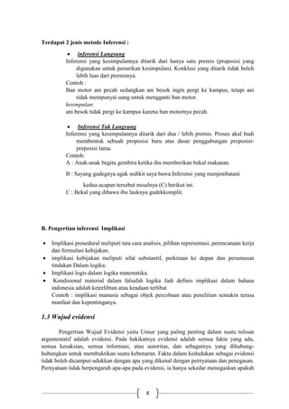 8
Terdapat 2 jenis metode Inferensi :
 inferensi Langsung
Inferensi yang kesimpulannya ditarik dari hanya satu premis (proposisi yang
digunakan untuk penarikan kesimpulan). Konklusi yang ditarik tidak boleh
lebih luas dari premisnya.
Contoh :
Ban motor ani pecah sedangkan ani besok ingin pergi ke kampus, tetapi ani
tidak mempunyai uang untuk mengganti ban motor.
kesimpulan:
ani besok tidak pergi ke kampus karena ban motornya pecah.
 Inferensi Tak Langsung
Inferensi yang kesimpulannya ditarik dari dua / lebih premis. Proses akal budi
membentuk sebuah proposisi baru atas dasar penggabungan proposisi-
preposisi lama.
Contoh:
A : Anak-anak begitu gembira ketika ibu memberikan bekal makanan.
B : Sayang gudegnya agak sedikit saya bawa.Inferensi yang menjembatani
kedua ucapan tersebut misalnya (C) berikut ini.
C : Bekal yang dibawa ibu lauknya gudekkomplit.
B. Pengertian inferensi Implikasi
 Implikasi prosedural meliputi tata cara analisis, pilihan representasi, perencanaan kerja
dan formulasi kebijakan.
 implikasi kebijakan meliputi sifat substantif, perkiraan ke depan dan perumusan
tindakan Dalam logika:
 Implikasi logis dalam logika matematika.
 Kondisional material dalam falsafah logika Jadi definis implikasi dalam bahasa
indonesia adalah keterlibtan atau keadaan terlibat
Contoh : implikasi manusia sebagai objek percobaan atau penelitian semakin terasa
manfaat dan kepentinganya.
1.3 Wujud evidensi
Pengertian Wujud Evidensi yaitu Unsur yang paling penting dalam suatu tulisan
argumentatif adalah evidensi. Pada hakikatnya evidensi adalah semua fakta yang ada,
semua kesaksian, semua informasi, atau autoritas, dan sebagainya yang dihubung-
hubungkan untuk membuktikan suatu kebenaran. Fakta dalam kedudukan sebagai evidensi
tidak boleh dicampur-adukkan dengan apa yang dikenal dengan pernyataan dan penegasan.
Pernyataan tidak berpengaruh apa-apa pada evidensi, ia hanya sekedar menegaskan apakah
 