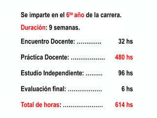 Se imparte en el 6to año de la carrera.
Duración: 9 semanas.
Encuentro Docente: …………. 32 hs
Práctica Docente: ……………… 480 hs
Estudio Independiente: ……… 96 hs
Evaluación final: ……………… 6 hs
Total de horas: ………………… 614 hs
 
