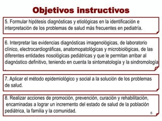 5. Formular hipótesis diagnósticas y etiológicas en la identificación e
interpretación de los problemas de salud más frecuentes en pediatría.
6. Interpretar las evidencias diagnósticas imagenológicas, de laboratorio
clínico, electrocardiográficas, anatomopatológicas y microbiológicas, de las
diferentes entidades nosológicas pediátricas y que le permitan arribar al
diagnóstico definitivo, teniendo en cuenta la sintomatología y la sindromología
.
Objetivos instructivos
7. Aplicar el método epidemiológico y social a la solución de los problemas
de salud.
8. Realizar acciones de promoción, prevención, curación y rehabilitación,
encaminadas a lograr un incremento del estado de salud de la población
pediátrica, la familia y la comunidad. 6
 