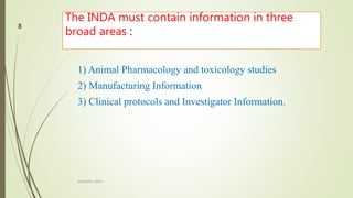 The INDA must contain information in three
broad areas :
1) Animal Pharmacology and toxicology studies
2) Manufacturing Information
3) Clinical protocols and Investigator Information.
M.PHARM, SEM 1
8
 