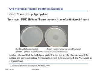Anti-microbial Plasma treatment Example
   Fabric: Non-woven polypropylene
   Treatment: DBD Helium Plasma pre-treat/cure of antimicrobial agent




                (Left) AM plasma treated           (Right) Control showing spiral bacterial
                growth. (AATCC Test 100-2004 Assessment of Antimicrobial Finishes)
     Analysis showed that the AM Agent grafted to the fabric. The plasma cleaned the
     surface and activated surface free radicals, which then reacted with the AM Agent as
     it was applied.
      C. Cornelius Doctoral Dissertation, NC State,2009
INDA CAB 2012                     Gregory Roche
 