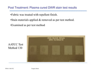 Post Treatment: Plasma cured DWR stain test results

       •Fabric was treated with repellent finish.
       •Stain materials applied & removed as per test method.
       •Examined as per test method




    AATCC Test
    Method 130




INDA CAB 2012            Gregory Roche
 