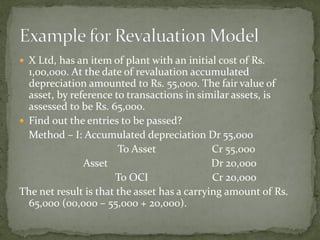  X Ltd, has an item of plant with an initial cost of Rs.
1,00,000. At the date of revaluation accumulated
depreciation amounted to Rs. 55,000. The fair value of
asset, by reference to transactions in similar assets, is
assessed to be Rs. 65,000.
 Find out the entries to be passed?
Method – I: Accumulated depreciation Dr 55,000
To Asset Cr 55,000
Asset Dr 20,000
To OCI Cr 20,000
The net result is that the asset has a carrying amount of Rs.
65,000 (00,000 – 55,000 + 20,000).
 