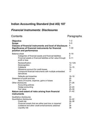 Indian Accounting Standard (Ind AS) 107
Financial Instruments: Disclosures
Contents Paragraphs
Objective 1–2
Scope 3–5
Classes of financial instruments and level of disclosure 6
Significance of financial instruments for financial
position and performance
7–30
Balance sheet 8–19
Categories of financial assets and financial liabilities 8
Financial assets or financial liabilities at fair value through
profit or loss
9–11
Reclassification 12–12A
Derecognition 13
Collateral 14–15
Allowance account for credit losses 16
Compound financial instruments with multiple embedded
derivatives
17
Defaults and breaches 18–19
Statement of profit and loss 20
Items of income, expense, gains or losses 20
Other disclosures 21–26
Accounting policies 21
Hedge accounting 22–24
Fair value 25–30
Nature and extent of risks arising from financial
instruments
31–42
Qualitative disclosures 33
Quantitative disclosures 34–42
Credit risk 36–38
Financial assets that are either past due or impaired 37
Collateral and other credit enhancements obtained 38
Liquidity risk 39
 
