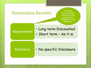 Termination Benefits
• Long term-Discounted
• Short term – As it is
Measurement
• No specific DisclosureDisclosure
Voluntary
retirement plan –
measure on the
expected no of
employee to avail
the option,
 