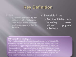  Asset
 A resource controlled by the
entity as a result of past events,
 From which future economic
benefits are expected to flow to
the entity
 Intangible Asset
 An identifiable non
monetary asset
without physical
substance
Difference from existing AS
The existing standard defines an intangible asset as an identifiable
non-monetary asset without physical substance held for use in the
production or supply of goods or services, for rental to others, or
for administrative purposes whereas in Ind AS 38, the requirement
for the asset to be held for use in the production or supply of goods
or services, for rental to others, or for administrative purposes has
been removed from the definition of an intangible asset.
 