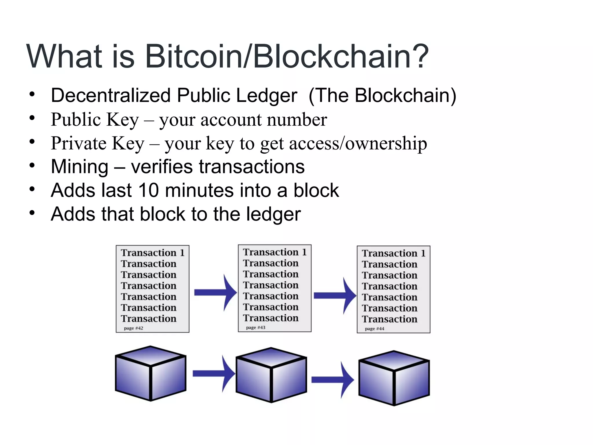 What is Bitcoin/Blockchain?
• Decentralized Public Ledger (The Blockchain)
• Public Key – your account number
• Private Key – your key to get access/ownership
• Mining – verifies transactions
• Adds last 10 minutes into a block
• Adds that block to the ledger
 
