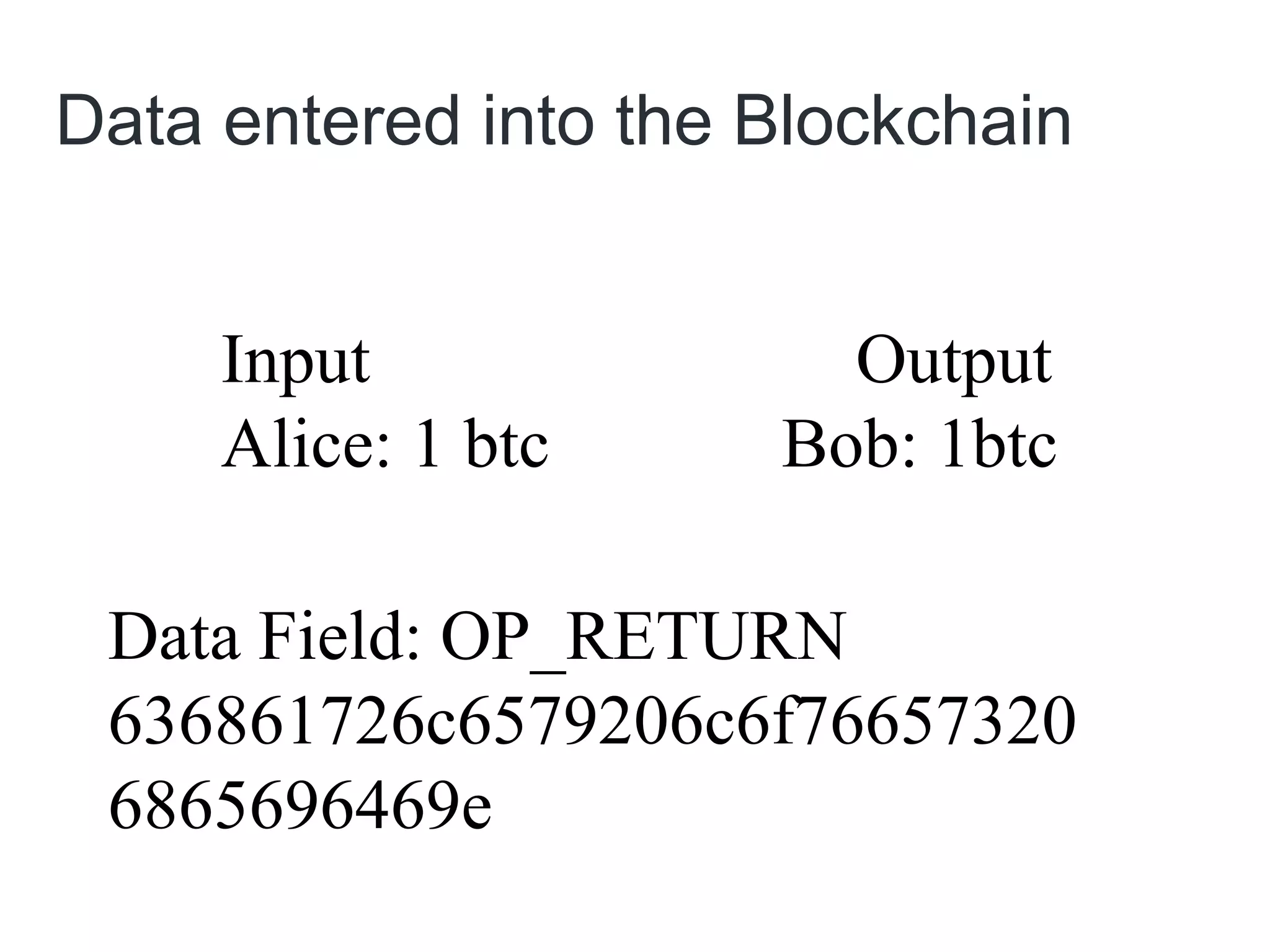 Data entered into the Blockchain
Data Field: OP_RETURN
636861726c6579206c6f76657320
6865696469e
Input Output
Alice: 1 btc Bob: 1btc
 