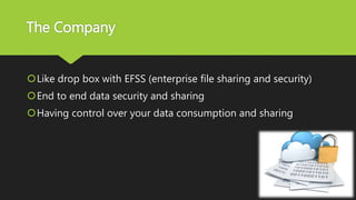 The Company
Like drop box with EFSS (enterprise file sharing and security)
End to end data security and sharing
Having control over your data consumption and sharing
 
