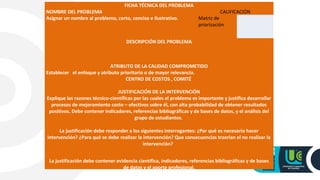 FICHA TECNICA DEL PROBLEMA
FICHA TÉCNICA DEL PROBLEMA
NOMBRE DEL PROBLEMA CALIFICACIÓN
Asignar un nombre al problema, corto, conciso e ilustrativo. Matriz de
priorización
DESCRIPCIÓN DEL PROBLEMA
ATRIBUTO DE LA CALIDAD COMPROMETIDO
Establecer el enfoque y atributo prioritario o de mayor relevancia.
CENTRO DE COSTOS , COMITÉ
JUSTIFICACIÓN DE LA INTERVENCIÓN
Explique las razones técnico-científicas por las cuales el problema es importante y justifica desarrollar
procesos de mejoramiento costo – efectivos sobre él, con alta probabilidad de obtener resultados
positivos. Debe contener indicadores, referencias bibliográficas y de bases de datos, y el análisis del
grupo de estudiantes.
La justificación debe responder a los siguientes interrogantes: ¿Por qué es necesario hacer
intervención? ¿Para qué se debe realizar la intervención? Que consecuencias traerían el no realizar la
intervención?
La justificación debe contener evidencia científica, indicadores, referencias bibliográficas y de bases
de datos y el aporte profesional.
 