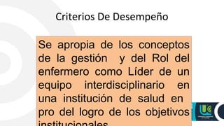 Criterios De Desempeño
SABER -SER
Se apropia de los conceptos
de la gestión y del Rol del
enfermero como Líder de un
equipo interdisciplinario en
una institución de salud en
pro del logro de los objetivos
Se apropia de los conceptos
de la gestión y del Rol del
enfermero como Líder de un
equipo interdisciplinario en
una institución de salud en
pro del logro de los objetivos
 