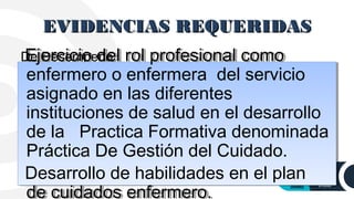 EVIDENCIAS REQUERIDASEVIDENCIAS REQUERIDAS
De DesempeñoEjercicio del rol profesional como
enfermero o enfermera del servicio
asignado en las diferentes
instituciones de salud en el desarrollo
de la Practica Formativa denominada
Práctica De Gestión del Cuidado.
Desarrollo de habilidades en el plan
de cuidados enfermero.
Ejercicio del rol profesional como
enfermero o enfermera del servicio
asignado en las diferentes
instituciones de salud en el desarrollo
de la Practica Formativa denominada
Práctica De Gestión del Cuidado.
Desarrollo de habilidades en el plan
de cuidados enfermero.
 