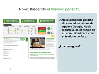 Nokia: Buscando el teléfono perfecto.


                            -Ante la alarmante pérdida
                               de mercado a manos de
                               Apple y Google, Nokia
                               recurre a los consejos de
                               su comunidad para crear
                               el teléfono perfecto.


                            ¿Lo conseguirá?




14
 
