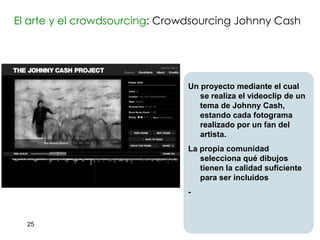 El arte y el crowdsourcing: Crowdsourcing Johnny Cash




                                Un proyecto mediante el cual
                                   se realiza el videoclip de un
                                   tema de Johnny Cash,
                                   estando cada fotograma
                                   realizado por un fan del
                                   artista.
                                La propia comunidad
                                   selecciona qué dibujos
                                   tienen la calidad suficiente
                                   para ser incluidos
                                -


  25
 