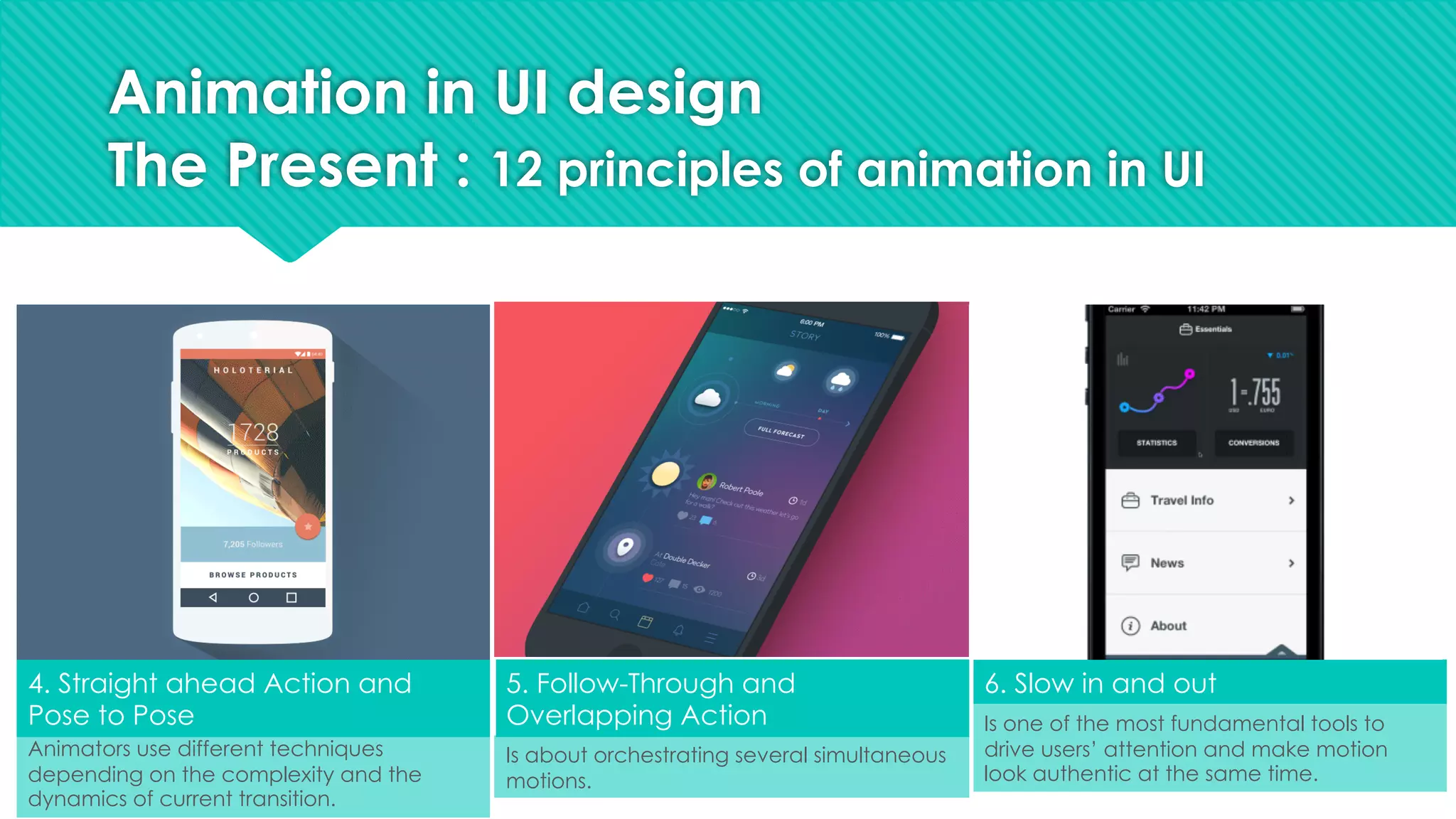 4. Straight ahead Action and
Pose to Pose
5. Follow-Through and
Overlapping Action
6. Slow in and out
Is about orchestrating several simultaneous
motions.
Is one of the most fundamental tools to
drive users’ attention and make motion
look authentic at the same time.
Animators use different techniques
depending on the complexity and the
dynamics of current transition.
Animation in UI design
The Present : 12 principles of animation in UI
 