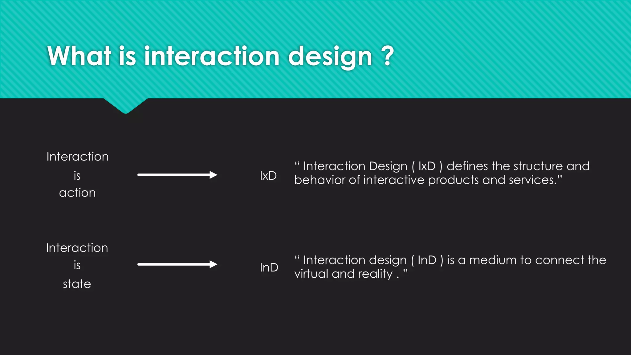 What is interaction design ?
Interaction
Interaction
state
action
is
is
IxD
InD
“ Interaction Design ( IxD ) defines the structure and
behavior of interactive products and services.”
“ Interaction design ( InD ) is a medium to connect the
virtual and reality . ”
 