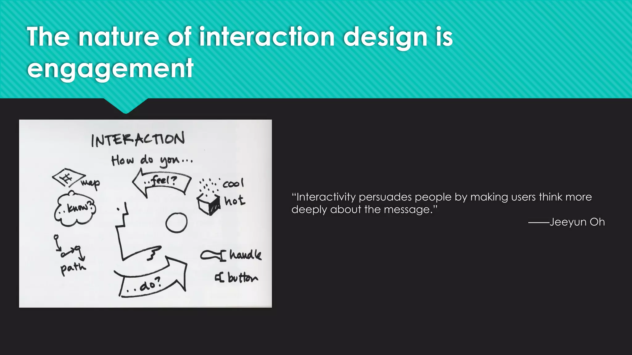 “Interactivity persuades people by making users think more
deeply about the message.”
——Jeeyun Oh
The nature of interaction design is
engagement
 