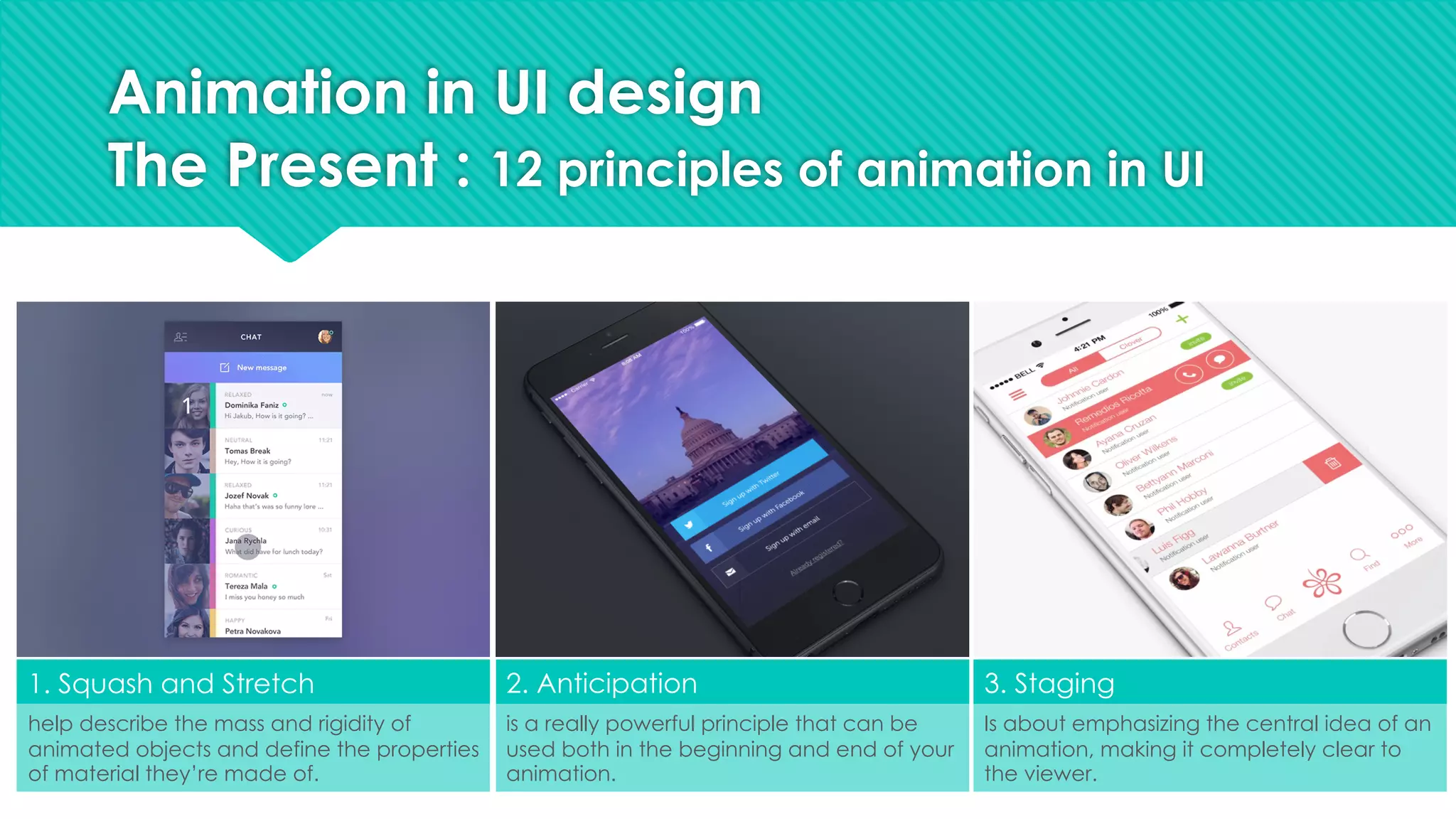 Animation in UI design
The Present : 12 principles of animation in UI
1. Squash and Stretch 2. Anticipation 3. Staging
help describe the mass and rigidity of
animated objects and define the properties
of material they’re made of.
Is about emphasizing the central idea of an
animation, making it completely clear to
the viewer.
is a really powerful principle that can be
used both in the beginning and end of your
animation.
 