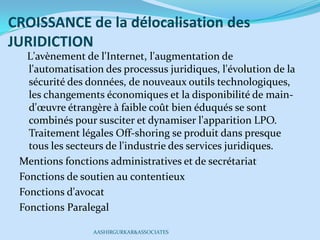 CROISSANCE de la délocalisation des
JURIDICTION
L'avènement de l'Internet, l'augmentation de
l'automatisation des processus juridiques, l'évolution de la
sécurité des données, de nouveaux outils technologiques,
les changements économiques et la disponibilité de main-
d'œuvre étrangère à faible coût bien éduqués se sont
combinés pour susciter et dynamiser l'apparition LPO.
Traitement légales Off-shoring se produit dans presque
tous les secteurs de l'industrie des services juridiques.
Mentions fonctions administratives et de secrétariat
Fonctions de soutien au contentieux
Fonctions d'avocat
Fonctions Paralegal
AASHIRGURKAR&ASSOCIATES
 