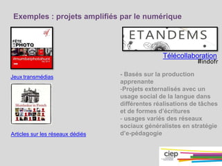Exemples : projets amplifiés par le numérique 
Jeux transmédias 
Télécollaboration 
#indofr 
- Basés sur la production 
apprenante 
-Projets externalisés avec un 
usage social de la langue dans 
différentes réalisations de tâches 
et de formes d’écritures 
- usages variés des réseaux 
sociaux généralistes en stratégie 
Articles sur les réseaux dédiés d’e-pédagogie 
 