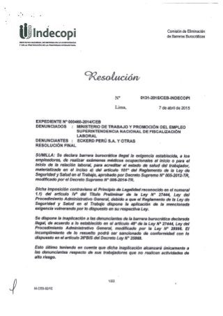 INDECOPI - Resolución N° 131-2015-CEB - Declara barrera burocrática ilegal la exigencia de practicar el exámen médico al inicio de la relación laboral
