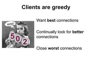 Clients are greedy
Want best connections
MINE!

50

2

Continually look for better
connections
Close worst connections

 