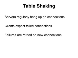 Table Shaking
Servers regularly hang up on connections
Clients expect failed connections
Failures are retried on new connections

 