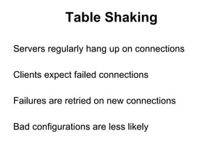 Table Shaking
Servers regularly hang up on connections
Clients expect failed connections
Failures are retried on new connections
Bad configurations are less likely

 