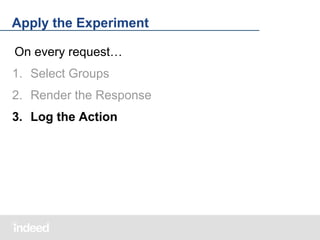 Apply the Experiment
On every request…
1. Select Groups
2. Render the Response
3. Log the Action

 