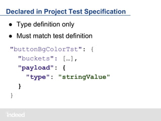 Declared in Project Test Specification
● Type definition only
● Must match test definition
"buttonBgColorTst": {
"buckets": […],
"payload": {
"type": "stringValue"
}
}

 