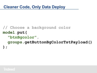 Cleaner Code, Only Data Deploy

// Choose a background color
model.put(
"btnBgcolor",
groups.getButtonBgColorTstPayload()
);

 