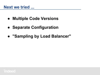 Next we tried ...
● Multiple Code Versions
● Separate Configuration
● "Sampling by Load Balancer"

 