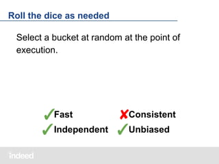 Roll the dice as needed
Select a bucket at random at the point of
execution.

Consistent
✓Fast
✘
✓Independent ✓Unbiased

 
