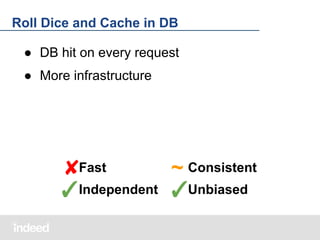 Roll Dice and Cache in DB
● DB hit on every request
● More infrastructure

✘Fast
~ Consistent
✓Independent ✓Unbiased

 