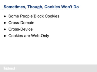 Sometimes, Though, Cookies Won't Do
● Some People Block Cookies
● Cross-Domain
● Cross-Device
● Cookies are Web-Only

 