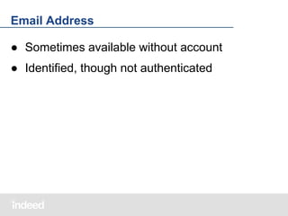 Email Address
● Sometimes available without account
● Identified, though not authenticated

 