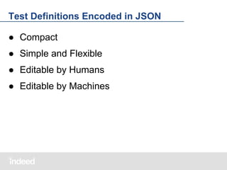 Test Definitions Encoded in JSON
● Compact
● Simple and Flexible
● Editable by Humans
● Editable by Machines

 