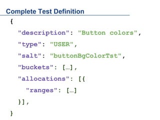 Complete Test Definition
{
"description": "Button colors",
"type": "USER",
"salt": "buttonBgColorTst",
"buckets": […],
"allocations": [{
"ranges": […]
}],
}

 