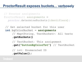 ProctorResult exposes buckets… verbosely
// Proctor assignments
ProctorResult assignments =
proctor.determineBuckets(identifiers);
// Get selected bucket for this user
int bgColorBucket = assignments
// Map<String, TestBucket>: All tests
.getBuckets()
// TestBucket: This assignment
.get("buttonBgColorTst") // TestBucket
// int: Enumerated ID
.getValue();

 