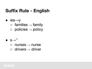 Suffix Rule - English
● ies→y
○ families → family
○ policies → policy
● s→’’
○ nurses → nurse
○ drivers → driver
 