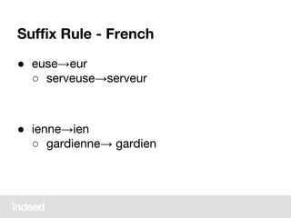 Suffix Rule - French
● euse→eur
○ serveuse→serveur
● ienne→ien
○ gardienne→ gardien
 