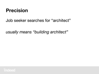 Precision
Job seeker searches for “architect”
usually means “building architect”
 