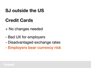 SJ outside the US
Credit Cards
+ No changes needed
- Bad UX for employers
- Disadvantaged exchange rates
- Employers bear currency risk
 