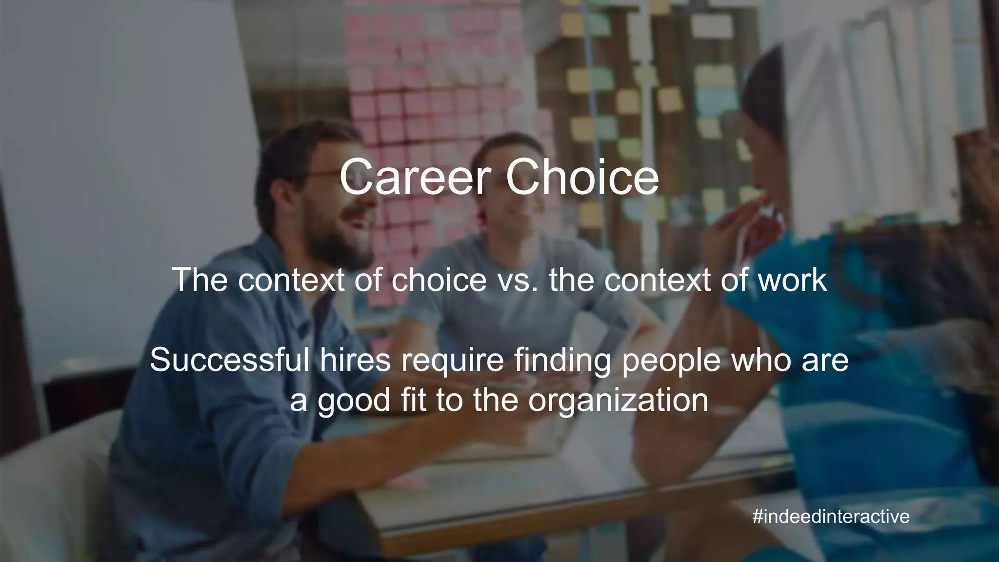 #indeedinteractive
Career Choice
The context of choice vs. the context of work
Successful hires require finding people who are
a good fit to the organization
 