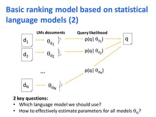 d1
d2
dN
qd1
d2
dN
LMs documents
p(q| d1
)
p(q| d2
)
p(q| dN
)
Query likelihood
…
2 key questions:
• Which language model we should use?
• How to effectively estimate parameters for all models di
?
Basic ranking model based on statistical
language models (2)
 