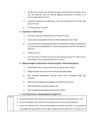 i. An illiterate woman was induced to sign an instrument of transfer when
she was told that she was merely signing instrument of charge so to
secure debt owing from her.
ii. Property transferred to Haji Musa who then transferred to D, who also
privy to fraud.
iii. D’s title must be set aside.
5. Haji Junus v Chik & Anor
i. Co-owner sold an undivided share in land to P and D.
ii. P purchased and paid the full price of the undivided share while
iii. D purchased the remaining half share but obtained transfer of whole land
on clear understanding that he would subsequently transfer half share in
land to P.
iv. D failed to do so.
v. As D was privy to fraud, he was not bona fide purchaser for value and so
not entitled to keep disputed half share of land.
6. Official Assignee of the Estate of Koh Liang Hee v Koh Thong Chuan
i. Pindahmilik antara sibapa & Def satu penipuan dan terbatal.
ii. Maka hakmilik Def atas harta tersebut boleh ditamatkan.
iii. Bila hakmilik ditamatkan, konsep tidak boleh disangkal tidak lagi
terpakai.
iv. Maknanya Def tdk punya hakmilik pada bila-bila masa pun.
v. Jadi tidak boleh wujudkan gadaian sah.
vi. Oleh itu gadaian tdk dilindungi oleh Sek. 340(1)
7. Tara Rajaretnam v Datuk Jagindar Singh & Ors
Facts
 P agreed to transfer her land to D as security for advance of money in favour of D
 Ds, were solicitors who acted for P in preparation of necessary documents.
 Land was transferred to D by memorandum of transfer but there was agreement
providing that land would not be sold to another person without P’s consent and D
 