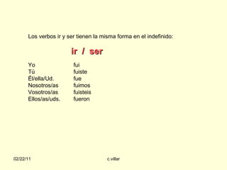 Los verbos ir y ser tienen la misma forma en el indefinido: Yo fui Tú fuiste Él/ella/Ud.  fue Nosotros/as fuimos Vosotros/as fuisteis Ellos/as/uds. fueron ir  /  ser  