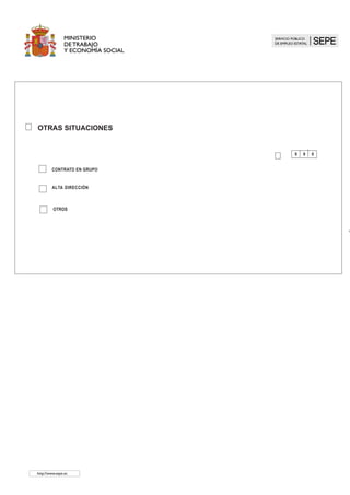 http://www.sepe.es
	
CLÁUSULAS ESPECÍFICAS DE TRABAJADORESDEL SERVICIO DEL HOGAR FAMILIAR
1 0
TIEMPO COMPLETO
TIEMPO PARCIAL
0
2 0 0
CÓDIGO DE CONTRATO
		 Si No ,se acuerda la prestación de horas de presencia a disposición del empleador. Las horas de presencia
serán.................................horas semanales, distribuidas de la siguiente manera...............................................................................................
El tiempo de presencia será objeto de retribución o compensación de la forma siguiente:(1)
		 Compensación con periodos equivalentes de descanso retribuido
		 Retribución con un salario de cuantia no inferior al correspondiente a las horas ordinarias
		 De cualquiera de las anteriores maneras.
		 Si	 No , se acuerda que el/la trabajador/a pernocte en el hogar del empleador. El régimen de las pernoctas será
de............................................................................................................................................................................................................ .
noche a la semana. Durante el descanso semanal y el período de vacaciones el/la trabajador/a no está obligado a residir en el domicilio del
empleador.
Si No , se acuerdan prestaciones salariales en especie.
	 	
Si la obligación de cotizar se ha iniciado a partir del 1 de enero de 2012, se aplicará una reducción del 20% a las cotizaciones devengadas.
Esta reducción se ampliará con una boniILcación hasta llegar al 45% en el caso de familias numerosas, si se cumplen los requisitos de la Ley
40/2013, de 18 de noviembre.
En lo no previsto en este contrato, se estará a la legislaciónvigente que resulte de aplicación, y particularmente al Real Decreto 1620/2011, de
14 de noviembre, por el que se regula la relación laboral de carácter especial del servicio de hogar familiar y supletoriamente en lo que resulte
compatible, el Estatuto de los Trabajadores, aprobado por el R.D.Legislativo 2/2015, de 23 de octubre (BOE de 24 de octubre) excepto su artículo
33 que no se aplicará.
El contenido del presente contrato se presentará en la Tesorería General de la Seguridad Social en el trámite de alta de el/la empleado/a de
hogar a efectos de comunicación del contenido del contrato al Servicio Público de Empleo.
	
(1) Señálese lo que procede,
	
 